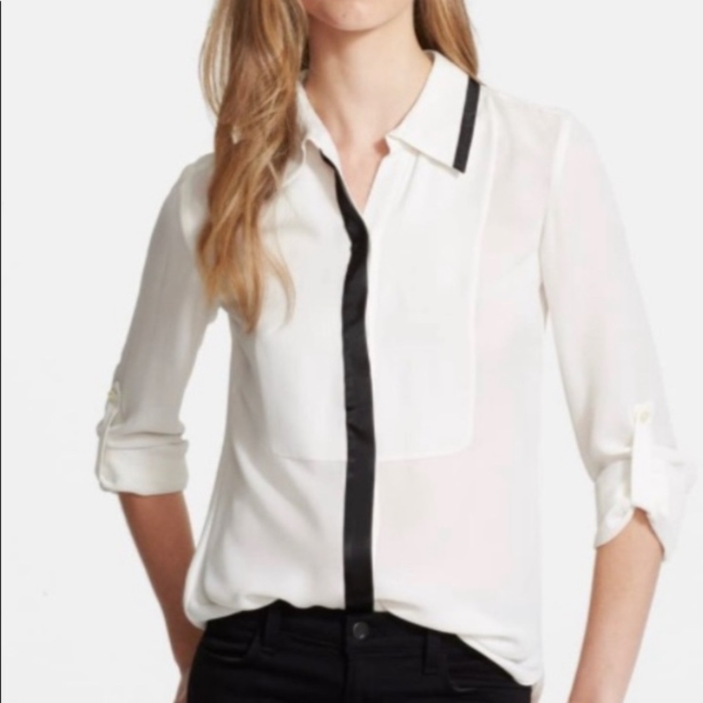 Dianne Von Furstenberg cream silk blouse with black trim